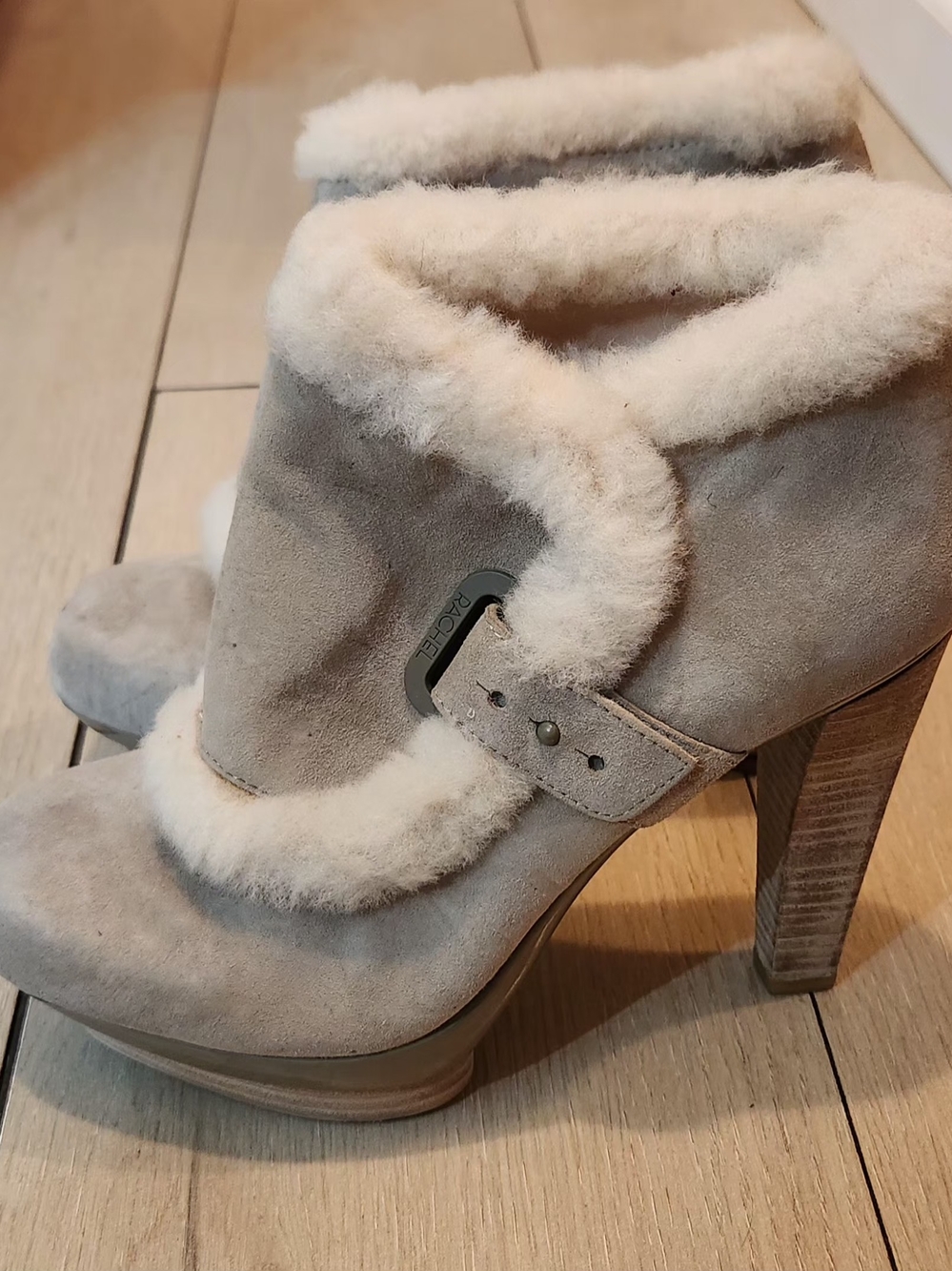 RACHEL Rachel Roy Taupe Suede Shearling Platform Ankle Boots